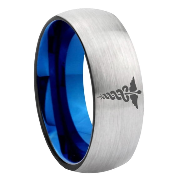 Medical Symbol 8MM Dome Gray and Blue Tungsten Carbide Ring