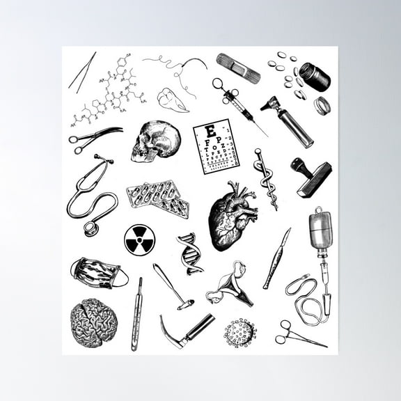 Medical Symbols For Doctors And Healthcare Workers, Minimalistic Black And White Poster Wall Art, Modern Wall Decor, 16x16 UNFRAMED