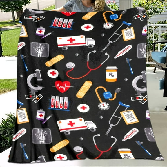 Medical Theme Flannel Blanket – Cozy All-Season Throw with Ambulances, Stethoscopes, Syringes & More – Black Tear-Resistant, Machine Washable