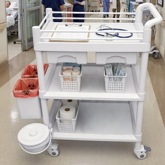 Medical Trolley Cart 3 Tiers with Drawers, Rolling Utility Cart 110 LBS Capacity, Nursing Cart with Lockable Wheels for Clinic Lab Beauty Salon