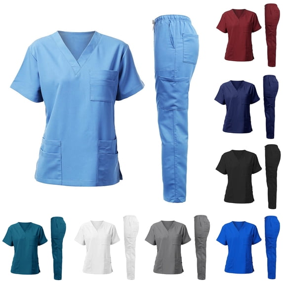 Medical Uniform Unisex Women and Men’s V-Neck Super Stretch Scrub Set Blue XL