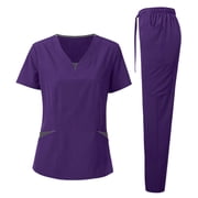 Medical Uniform Women 2 Piece Nursing Sets Short Sleeve Scrubs Workwear V Neck Scrub Tops Drawstring Pants, XL