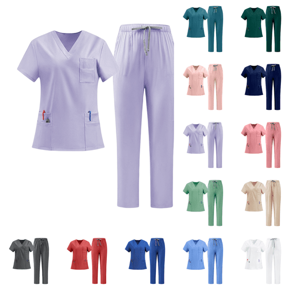 Medical Uniform Women's Scrub Set 4-Way Stretch Y-Neck Tape Top and Pants Light Purple L