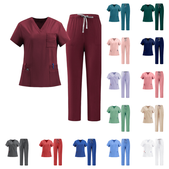 Medical Uniform Women's Scrub Set 4-Way Stretch Y-Neck Tape Top and Pants Wine L