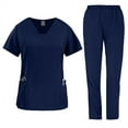thumbnail image 1 of Medical Uniform Womens Scrub Sets Short Sleeve V-Neck Stretch Scrubs Top and Pants Workwear Navy XL, 1 of 4