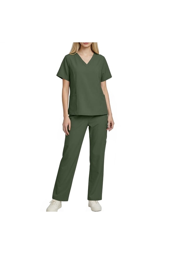 Medical Uniform for Women V-Neck Stretch Scrub Tops & Pants with 4 Pockets Classic 2 Piece Nurse Scrub Sets