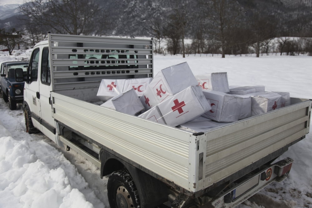 Medical supplies from the Montenegrin Red Cross sit piled in a truck Canvas Art - Stocktrek Images (35 x 23)