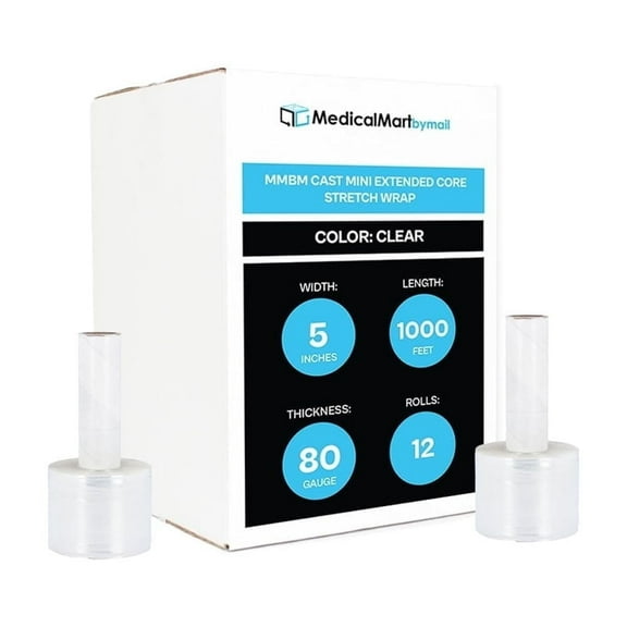 MMBM Mini Hand Wrap with Extended Core 5" x 1000' 12 Rolls 80 Gauge Clear Shrink Film for Moving & Shipping