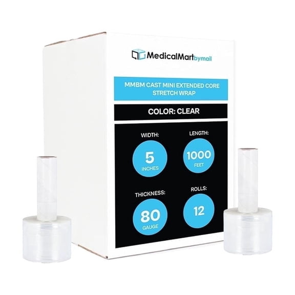 MMBM Mini Hand Wrap with Extended Core 5" x 1000' 1 Roll 80 Gauge Clear Shrink Film for Moving & Shipping