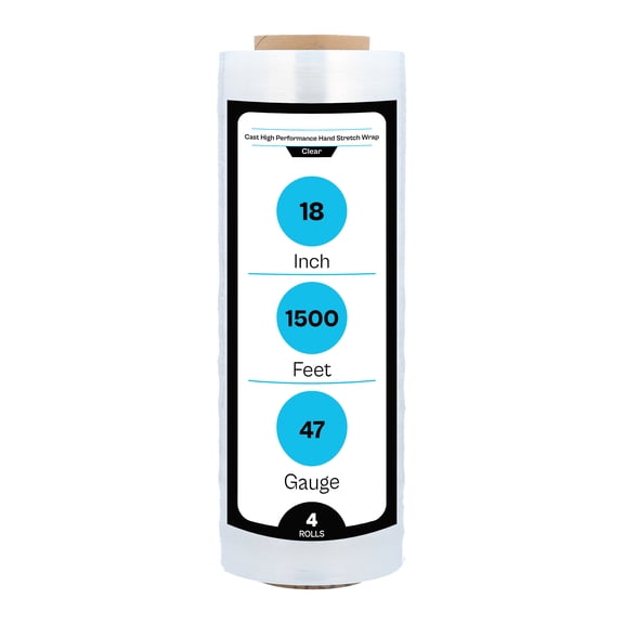 MMBM Cast Hand Stretch Wrap 4 Rolls 18" x 1500' 47 Gauge Clear Plastic Shrink Film for Packing and Shipping