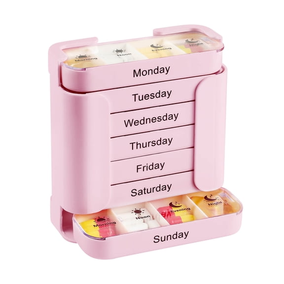 Medication Organizer for Effortless Health Management: Stackable Weekly Pill Organizer with 7(Days)×4(Morning/Noon/Evening/Night), 28 Compartments (Pink)
