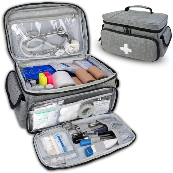 Medication Organizer, First Aid Storage Bag with 6 Mesh Compartments, Travel Nurse Bagc（Grey)