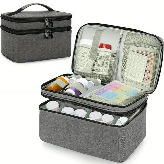 Medication Storage Bag Organizer | Double Layer Portable First Aid Kit Case | Moisture & Heat Resistant Fabric | Multiple Mesh Pockets | Carry Handle | 11x7x6.7 in | Gray | 1-Pack