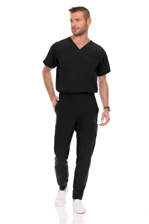 Men Scrubs Set - Stretch V-Neck Scrub Top with 7-Pocket Pants, Anti-Wrinkle, Yoga Waistband Workwear Scrubs for Men