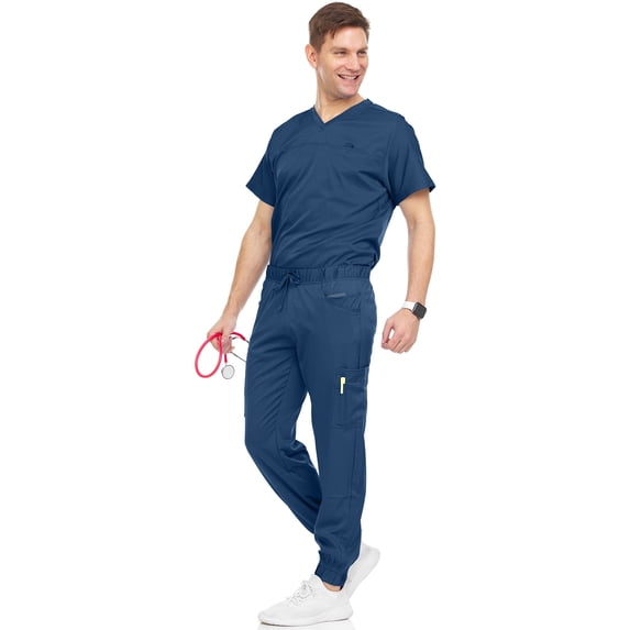 MediChic Men's Scrubs Set – Stretch V-Neck Workwear, 7-Pocket Jogger Pants, Flex Medical Uniforms, Navy X-Large