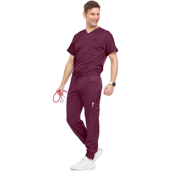 MediChic Men's Scrubs Set – Stretch V-Neck Workwear, 7-Pocket Jogger Pants, Flex Medical Uniforms, Wine 3X-Large