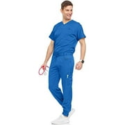 Medichic Men's Workwear Stretch V-Neck Scrub Joggers Set with Seven-Pocket Pants, Available in 8+ Colors