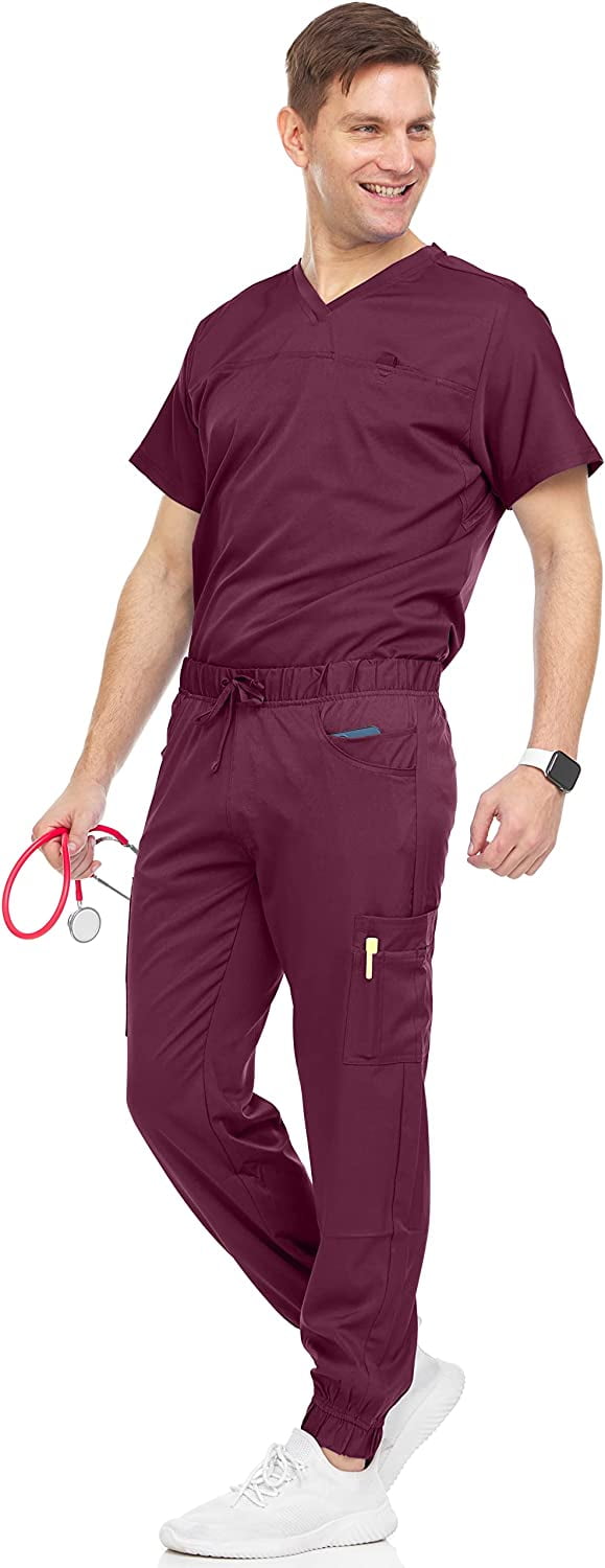 Medichic Men's Workwear Stretch VNeck Scrub Joggers Set with Seven