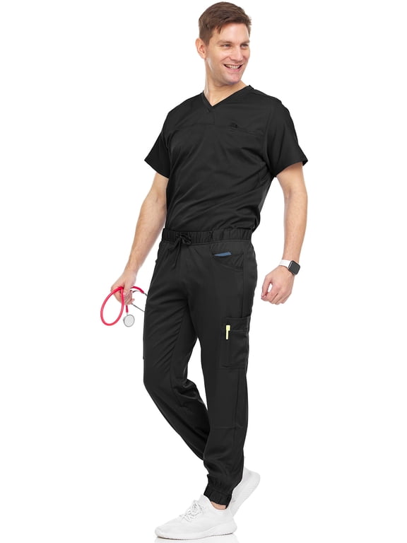 Men's Scrubs Set – Stretch V-Neck Workwear, 7-Pocket Jogger Pants, Flex Medical Uniforms, Black 3X-Large