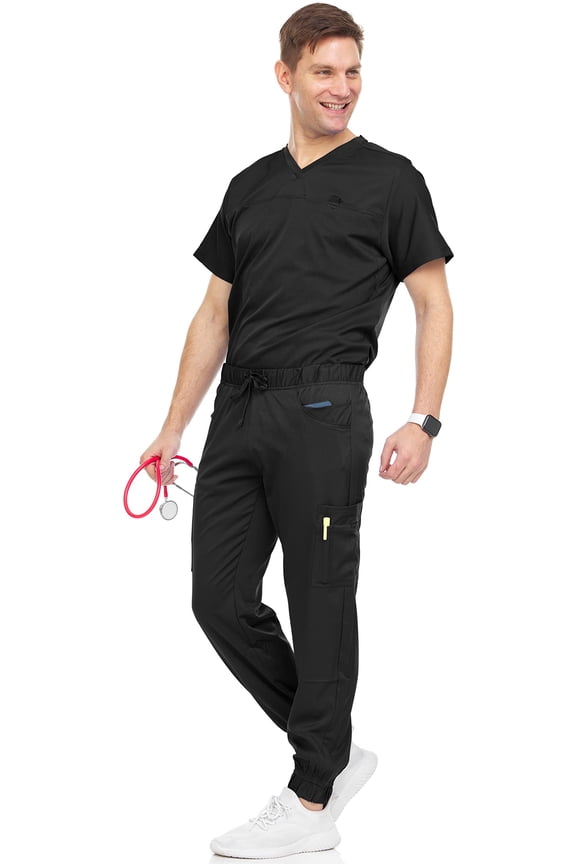 Men's Scrubs Set – Stretch V-Neck Workwear, 7-Pocket Jogger Pants, Flex Medical Uniforms, Black Large