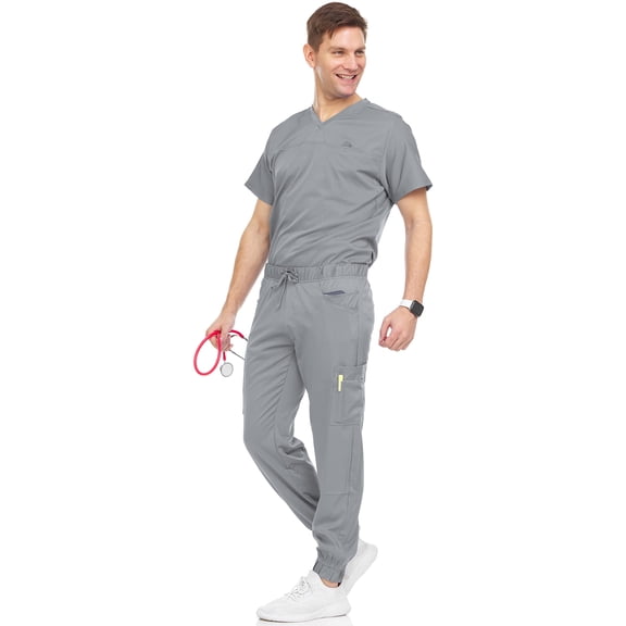 MediChic Men's Scrubs Set – Stretch V-Neck Workwear, 7-Pocket Jogger Pants, Flex Medical Uniforms, Grey Medium