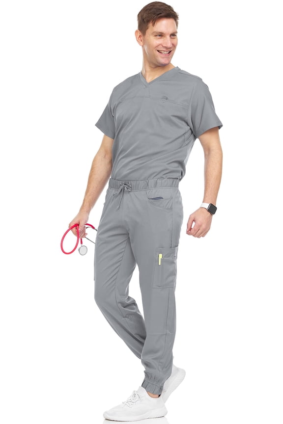 Men's Scrubs Set – Stretch V-Neck Workwear, 7-Pocket Jogger Pants, Flex Medical Uniforms, Grey Small