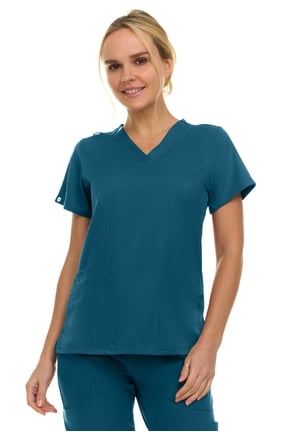 Women's V-Neck Scrub Top - 3-Pocket, 4-Way Stretch, Comfortable Medical Uniform, Caribbean XX-Large