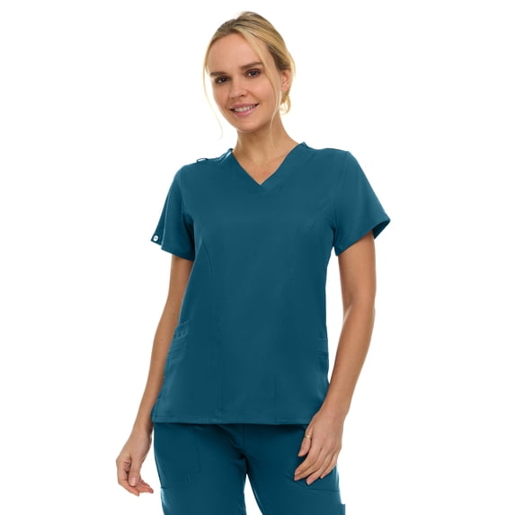 MediChic Women's V-Neck Scrub Top - 3-Pocket, 4-Way Stretch, Comfortable Medical Uniform, Caribbean X-Large