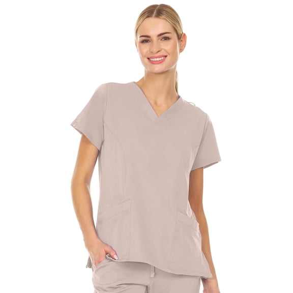 MediChic Women's V-Neck Scrub Top - 3-Pocket, 4-Way Stretch, Comfortable Medical Uniform, Khaki