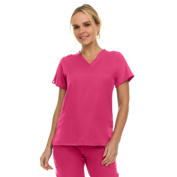 MediChic Women's V-Neck Scrub Top - 3-Pocket, 4-Way Stretch, Comfortable Medical Uniform, Shocking Pink 3X-Large