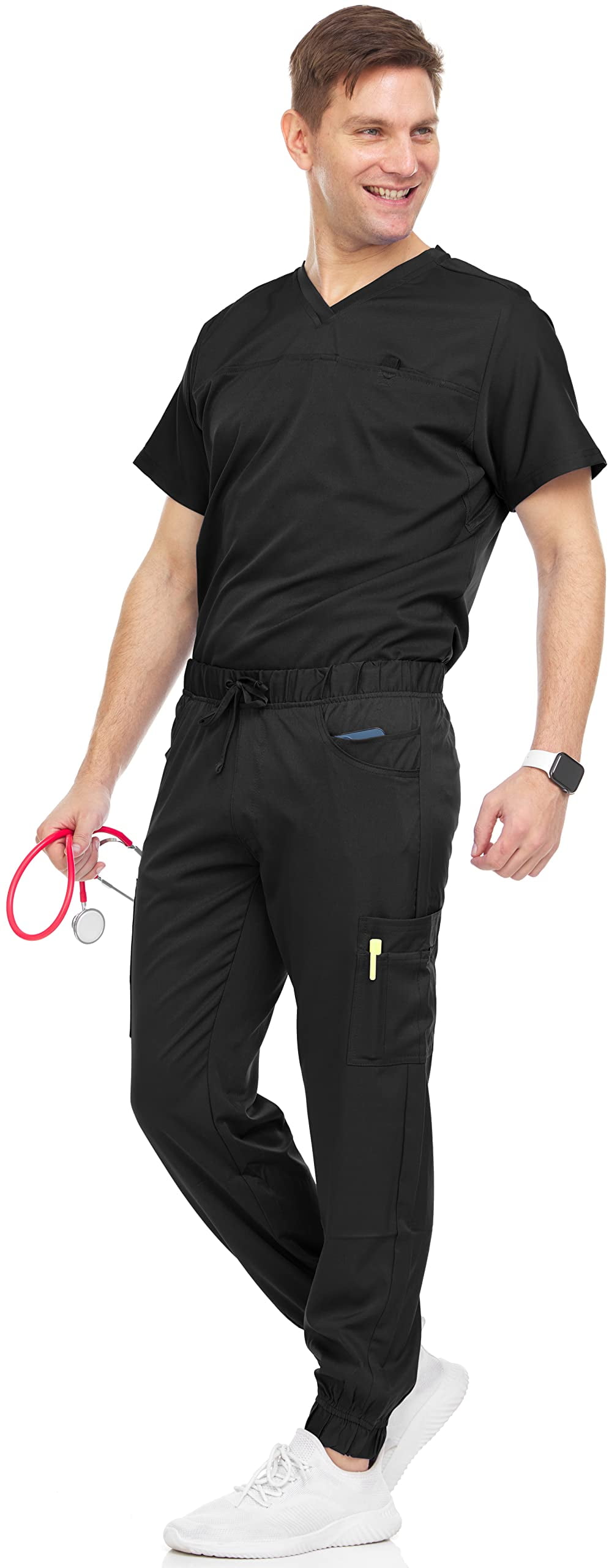 MediChic Men's Scrubs Set – Stretch V-Neck Workwear, 7-Pocket Jogger Pants, Flex Medical Uniforms, Black Medium