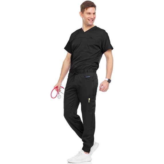 MediChic Men's Scrubs Set – Stretch V-Neck Workwear, 7-Pocket Jogger Pants, Flex Medical Uniforms, Black Medium