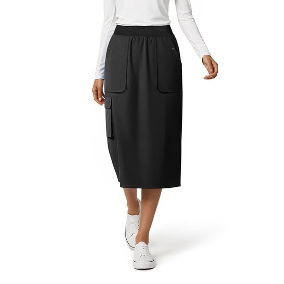 Medichic Women's Cargo 5-Pocket Scrub Skirt – 34" Length, Knit Waist, Flex Fabric, Black XS