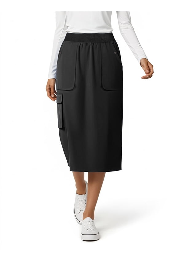 Women's Cargo 5-Pocket Scrub Skirt – 34" Length, Knit Waist, Flex Fabric, Black XS