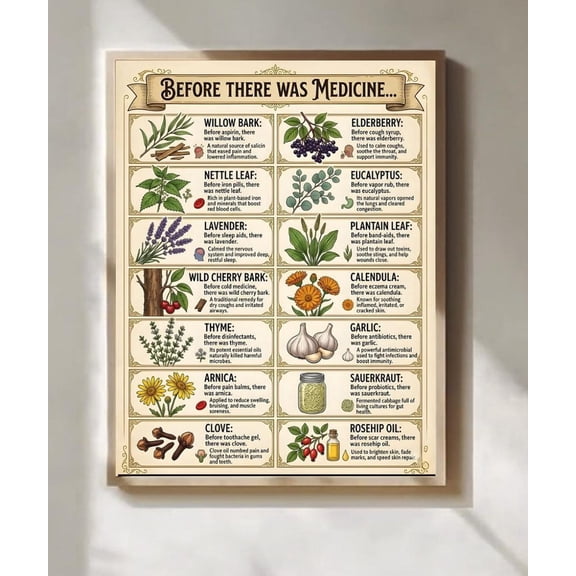 Medicinal Plants Poster, Antique Botanical Chart, Unframed Paper Poster 8x10in