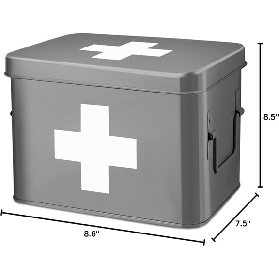 Medicine Box, Home Pharmacy Box, 33 x 21 x 19 cm, Metal Medication Storage Box for Emergency, First Aid Cabinet, with Side Handles, Removable Tray & 5 Compartments, Grey
