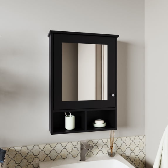 Medicine Cabinet 29" Height, 5 Shelves 1 Door Mirror, Black, Bathroom Storage, Engineered Wood, Wall Mounted, Functional Design Black H With Shelves, And Mount For Efficiency