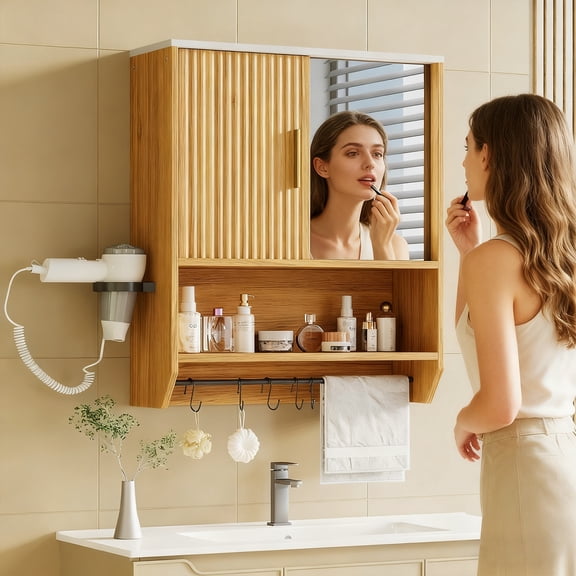 Medicine Cabinet, Bathroom Wall Cabinet with Mirror , Wall Mounted Over The Toilet Storage Cabinet with Towel Bar/ Hairdryer Holder/ 5 Hooks, for Laundry Room, Kitchen, Living Room