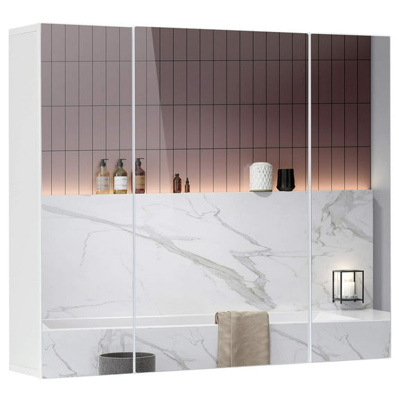 Lighted Medicine Cabinet with Mirror for Bathroom, Wall Mounted Aluminum Mirror Cabinet with Adjustable Storage Shelves for Home,White,27.6"x23.62"