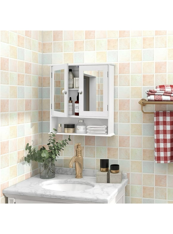 Medicine Cabinet, Medicine Cabinets for Bathroom with Mirror 2 Doors 3 Open Shelf, Bathroom Cabinet Wall Mounted Wooden Storage Over Toilet Laundry Room Kitchen