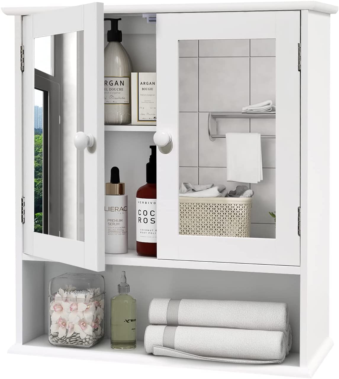 White Engineered Wood Wall-Mounted Bathroom Medicine Cabinet with Mirror and Adjustable Shelves