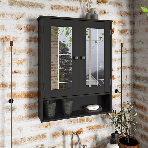 Medicine Cabinet, Medicine Cabinets for Bathroom with Mirror 2 Doors 4 Open Shelf, Bathroom Cabinet Wall Mounted Wooden Storage Over Toilet Laundry Room Kitchen