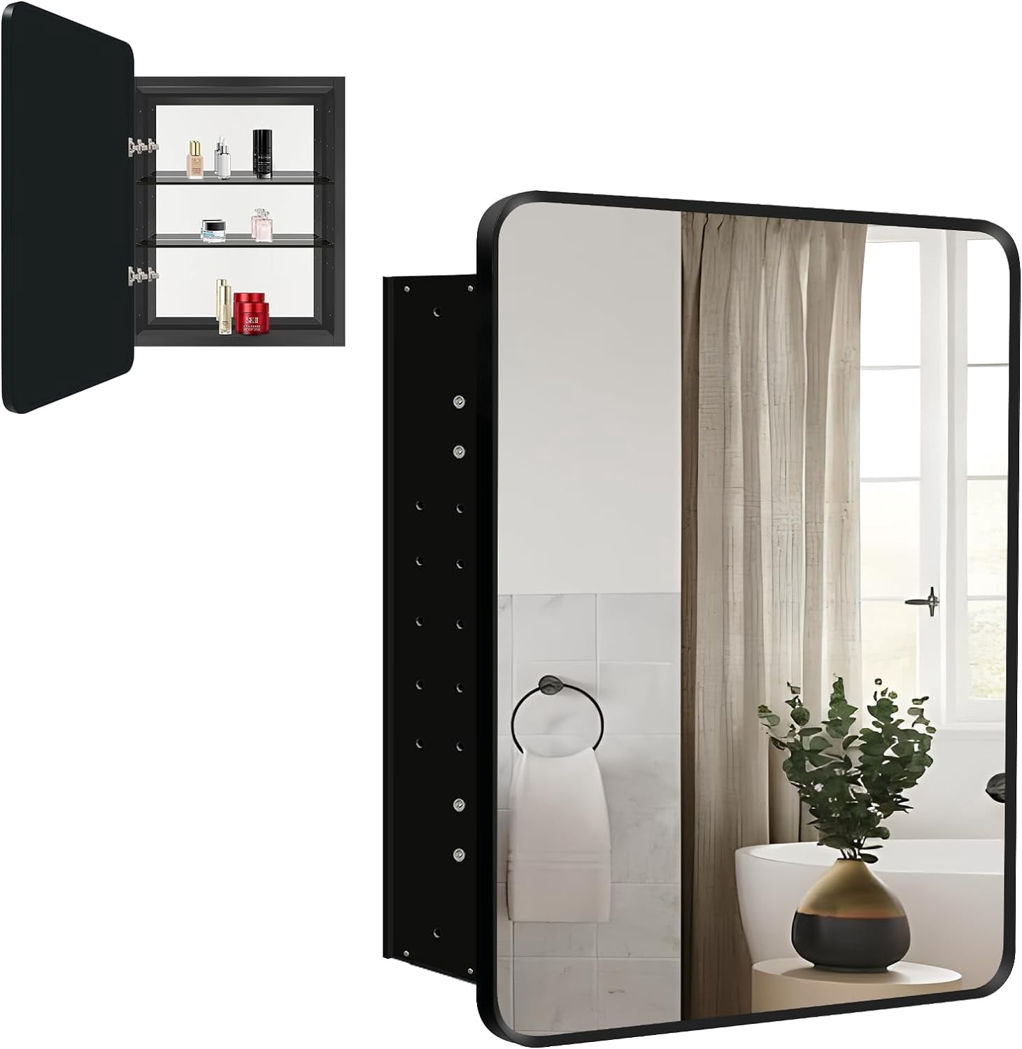 Medicine Cabinet Mirror, Black Metal Framed Recessed Bathroom Medicine ...