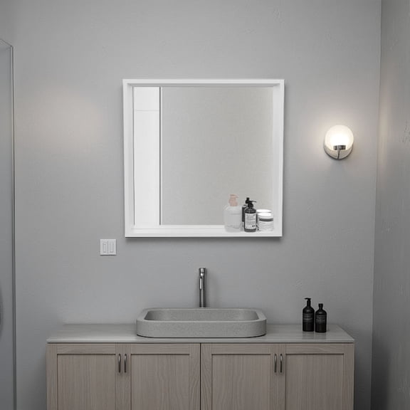 Medicine Cabinet, Wall-Mounted Bathroom Storage with Mirror and Lower Shelf, Engineered Wood with Melamine Finish, 23.6" H x 23.6" W x 2.9" D, White, FSC Certified Eco-Friendly