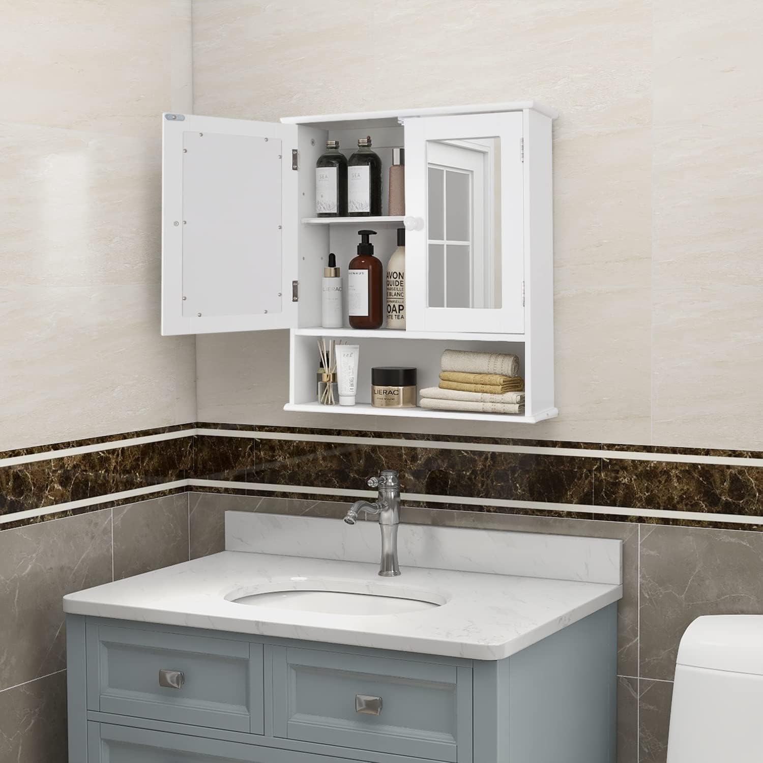 Medicine Cabinet with Mirror, 2 Doors, and 3 Open Shelves - Wall Mounted Wooden Storage for Bathroom, Over Toilet, Laundry Room, or Kitchen