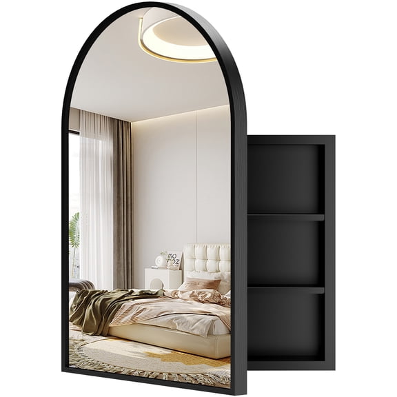 Medicine Cabinets for Bathroom, Black Arched Medicine Cabinet, Recessed or Surface Wall-Mounted,Modern Bathroom Vanity Mirror with Storage, Mirrored Cabinet with Adjustable Shelves,36x24 Inch