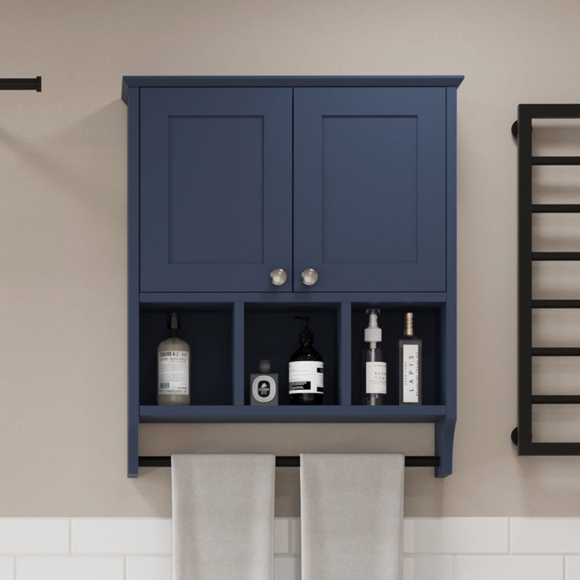 KZElegy Bathroom Medicine Cabinet Wall Mounted 2-Door with 3 Open Shelves, Over The Toilet Storage Cabinet with Towels Bar for Toilet,Blue