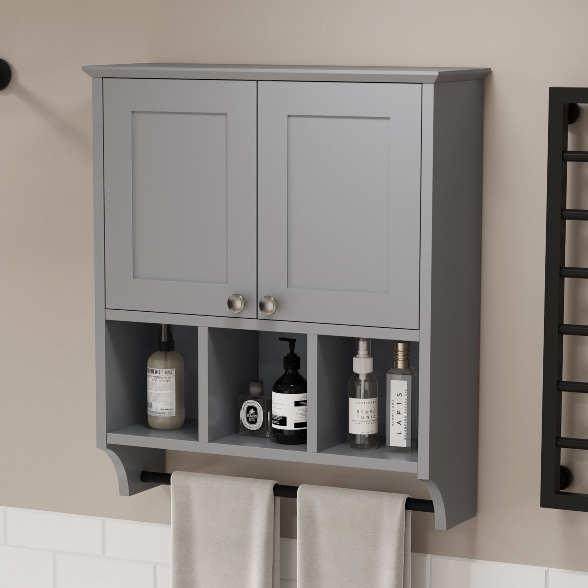 Medicine Cabinets, Bathroom Cabinet Wall Mounted 2-Door with 3 Open Shelves, Over The Toilet Storage Cabinet with Towels Bar for Toilet, Bathroom (Grey)