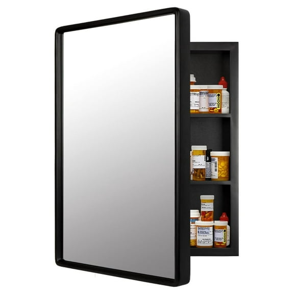 Medicine Cabinets Mirror 24" x 16", Black Recessed or Wall Mounted Cabinet Mirror with Storage Shelves, Modern Medicine Cabinet Mirror