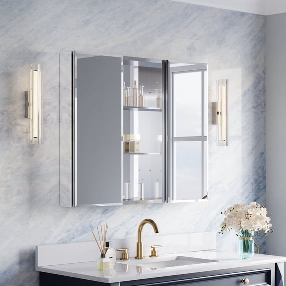 ANGELES HOME 36 x 30 in. Aluminum Bathroom Medicine Cabinet with Copper-Free Beveled Mirror Door and Open Shelf Storage